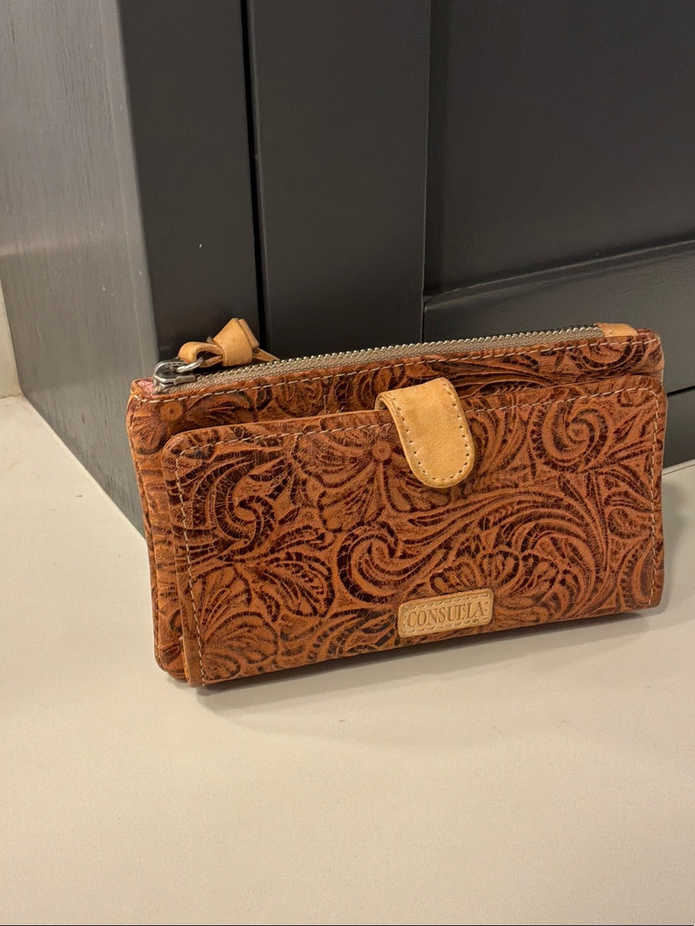 Consuela Tan Brown Tooled Floral Leather Wallet